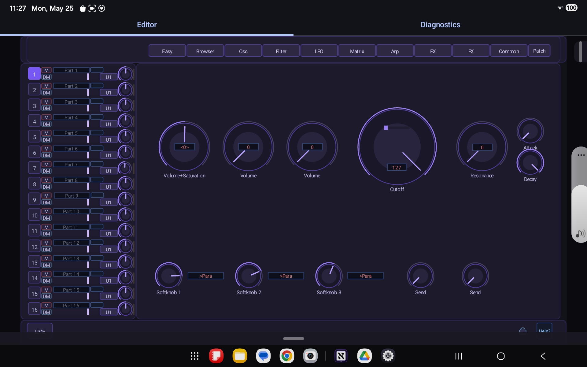 Aleph Virux Easy page and 16-part mixer on Android