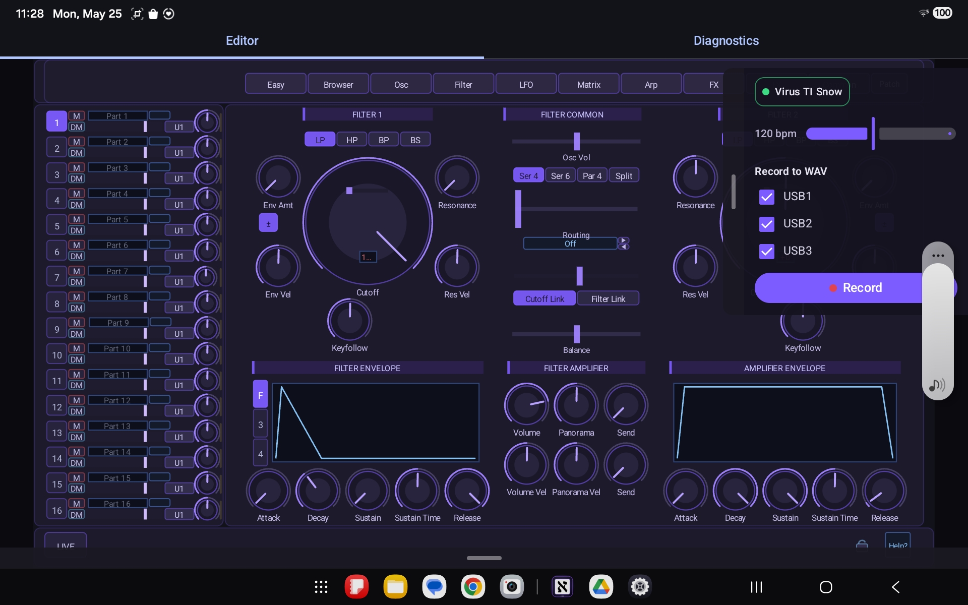 Aleph Virux filter page with record-to-WAV panel on Android