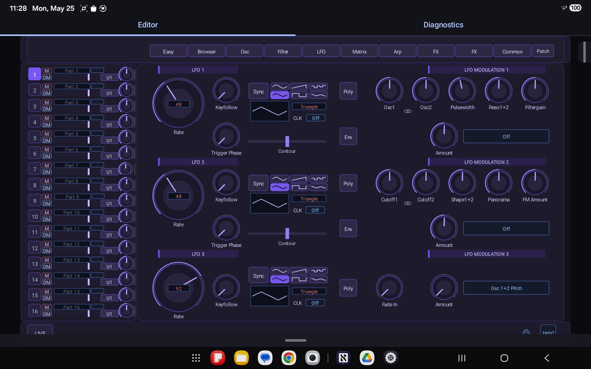 Aleph Virux LFO and modulation page on Android