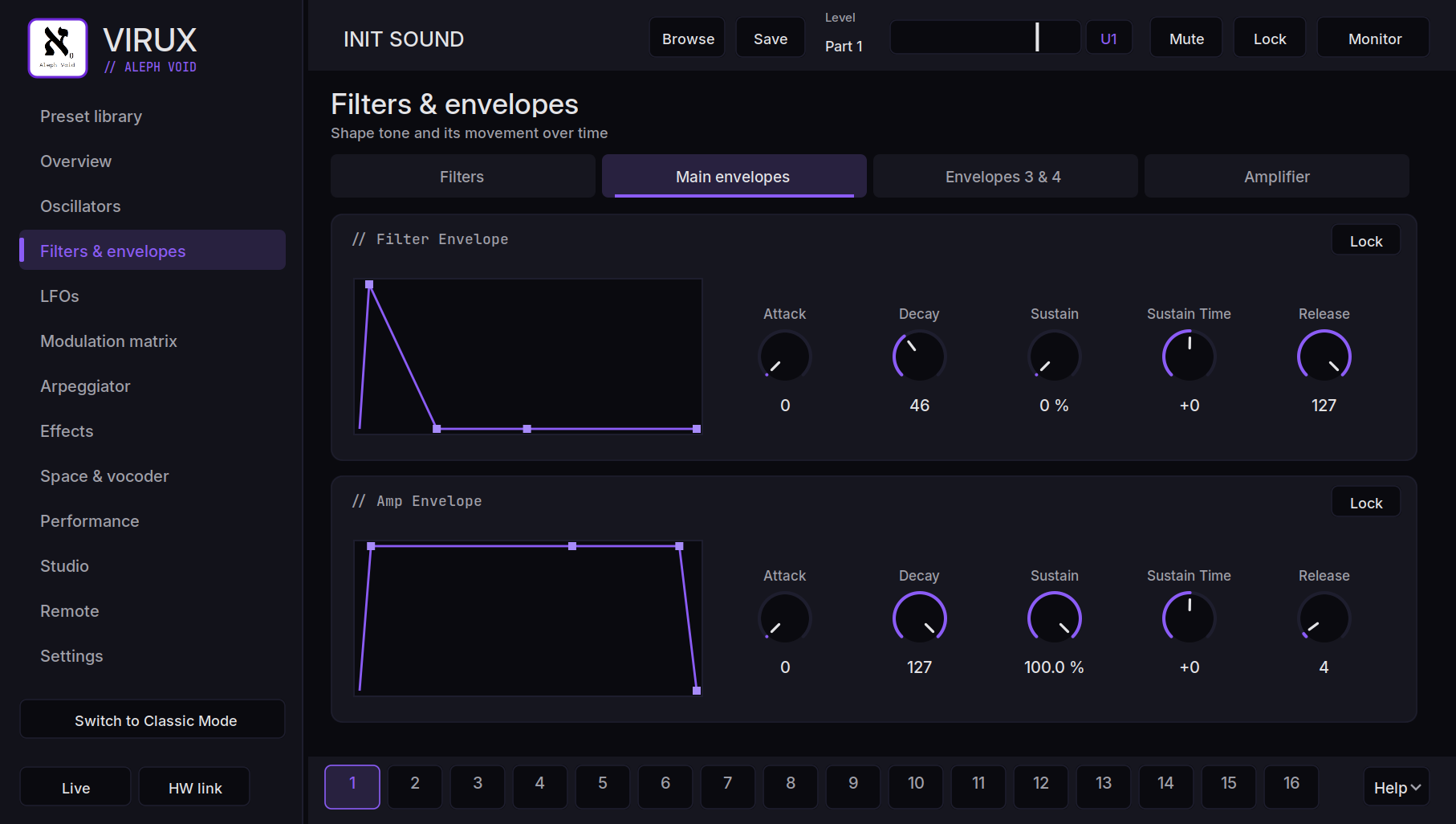Aleph Virux filter and amp envelope editor on macOS