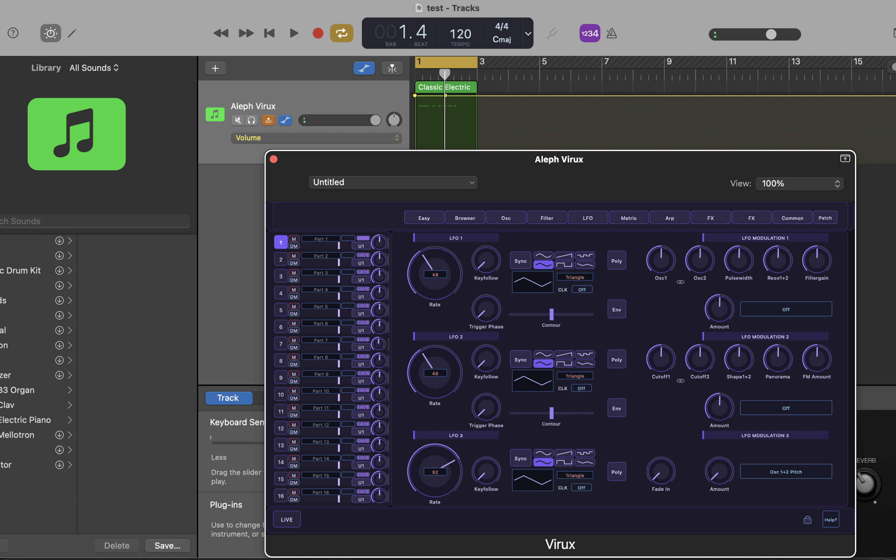 Aleph Virux LFO and modulation page on macOS