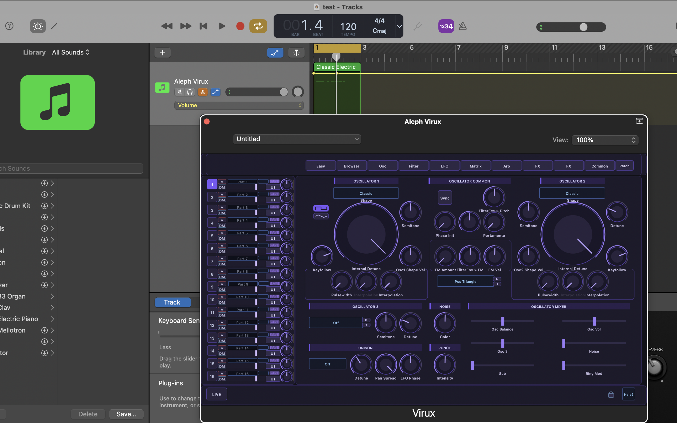 Aleph Virux oscillator edit page on macOS