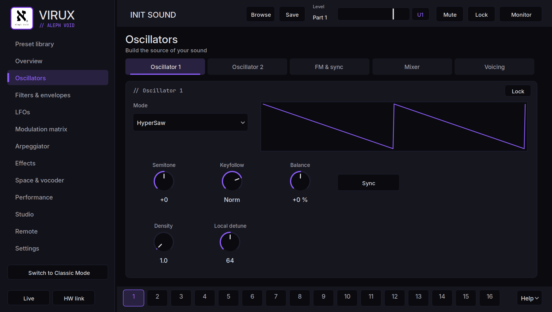 Aleph Virux oscillator page with HyperSaw waveform preview on macOS