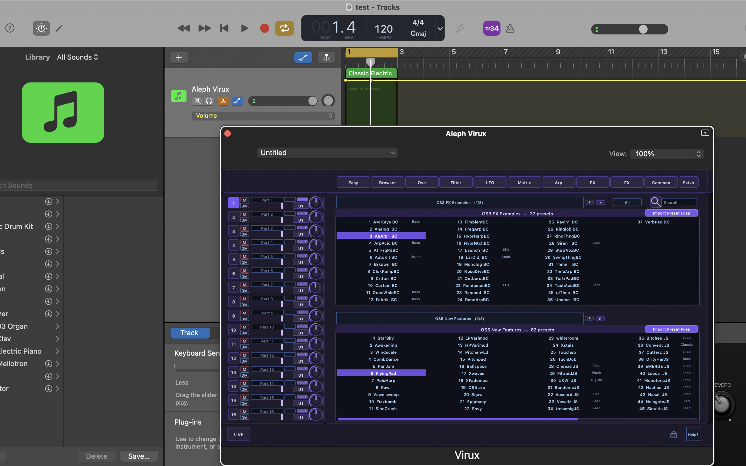 Aleph Virux preset browser on macOS