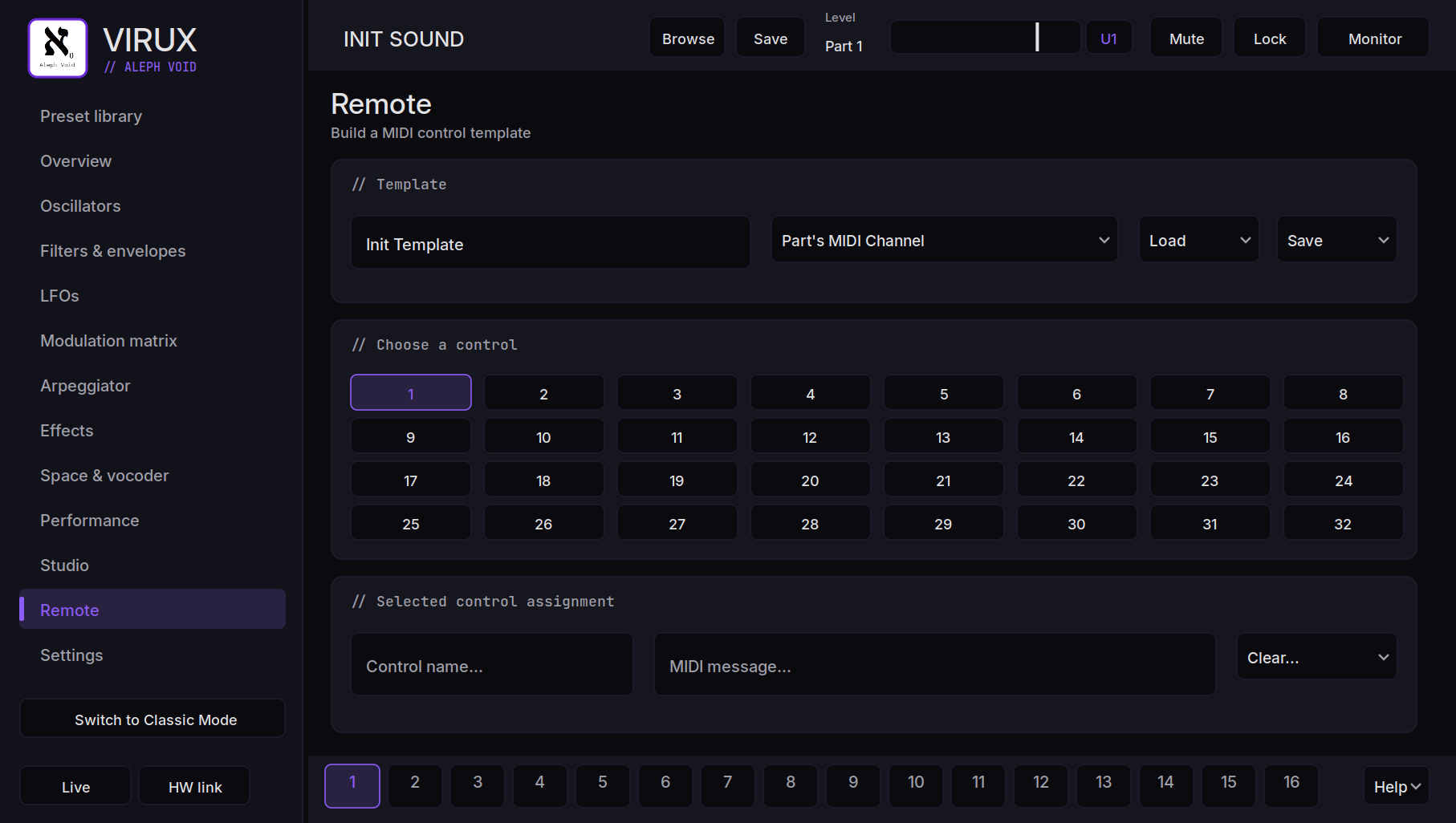 Aleph Virux remote control template editor on macOS